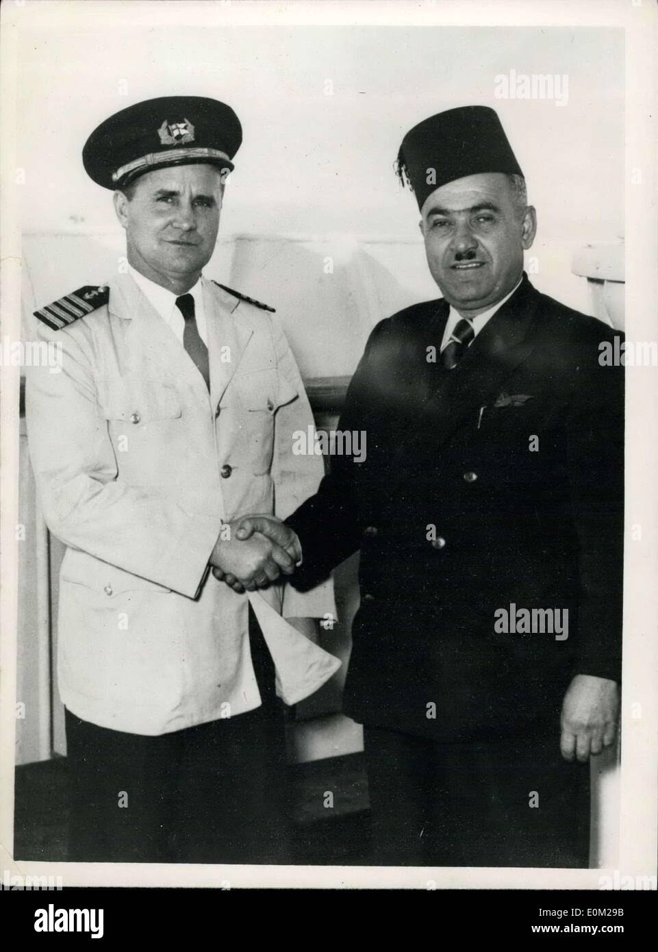 Mar. 09, 1953 - Two Heroes of the Sea Left Carlsen of the ''Enterprise'' - Baltaji of the ''Chaepol Ion'': Two heroes of the sea met at Lebanese port recently. They were Captain Carlsen of the ''Flying Enterprise'' fame - and Rad wan Baltaji the port pilot who made three trips to the sinking liner ''Champollion'' in heavy seas when she ran aground off the Lebanese coast last December. He rescued about 50 people on each of his trips in spite of seas which were getting heavier each time Stock Photo