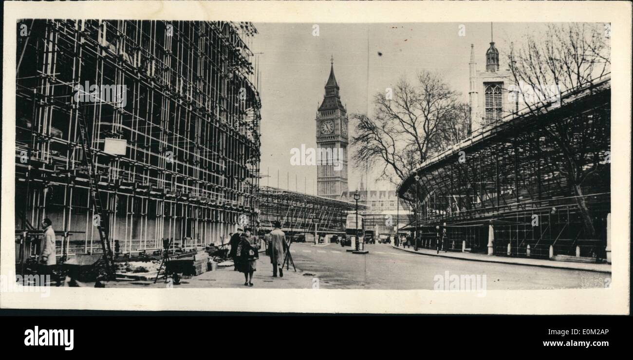 Apr. 04, 1953 - The Changing Face of Westminster.... London Becomes A ''Steel City''... Scaffolding everywhere... Thousands of tons of it.. And still more to go up.. It is the Coronation Year ''New Look'' in Westminster.. By Coronation Day the scaffolding will have become stands from which thousands will cheer the Queen to and from Westminster Abbey.. This picture was taken in Victoria Street, looking towards Parliament Square.. There, towering in the background is Big Ben. Stock Photo