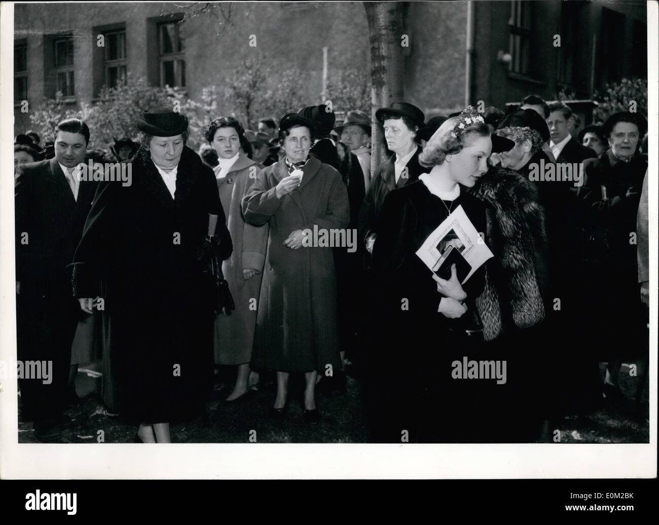 Apr. 04, 1953 - Edda Goering as candidate for confirmation: Edda, daughter of the former Reichamarschell Hermann Goering, now living with her mother Emmy Goering  Sonnemann in Munich was confirmed last Sunday i the Protestant Crucifix Church in Munich- Schwabing. Many relatives and friends had come among them the sister of Karin Goering, the first wife of Goering after whose Christian name he called his hunting-seat ''Karinhall'' in the Schorfheide near Berlin. Picture Shows: from left Mrs. Emmy Goering and right Edda Goering. Stock Photo