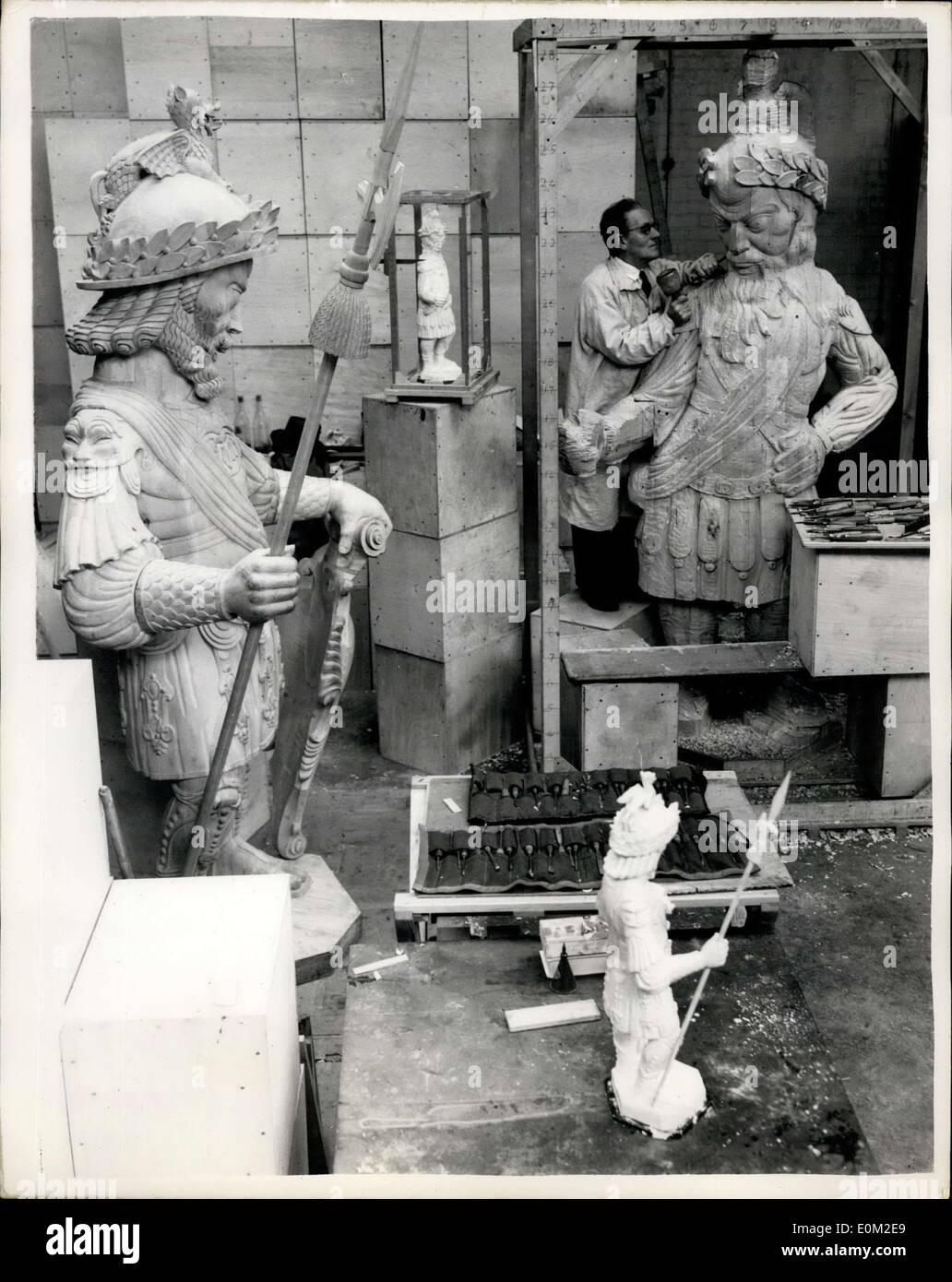 Mar. 11, 1953 - Work Progresses on the Statue of ''Gog'' and ''Magog'' for return to the Guildhall. Work nears completion at the Welwyn Garden City Studio, of Manchester sculptor Mr. D Evans - on the new statue of thh famous Guildhall  ''Gog'' and ''Magog'' - which are to replace the Stock Photo