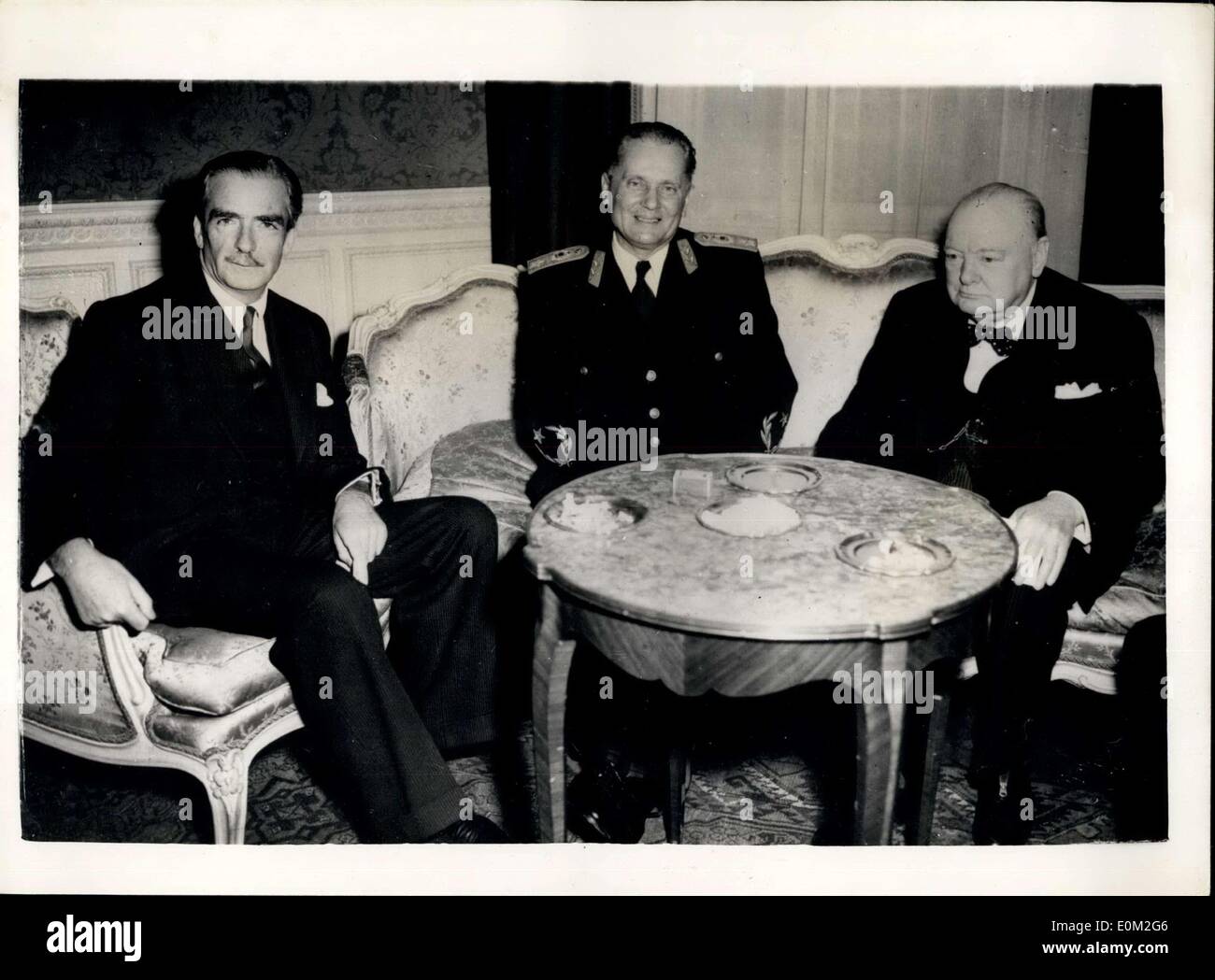 Mar. 19, 1953 - Tito Churchill And Eden At Embassy Luncheon:Marshal Josip Broz Tito, head of the Yugoslav State, with British Prime Minister, Mr. Winston Churchill, and Foreign Minister Mr. Anthony Eden, photographed at the luncheon given today at the Yugoslav Embassy in Kensington, London. Stock Photo