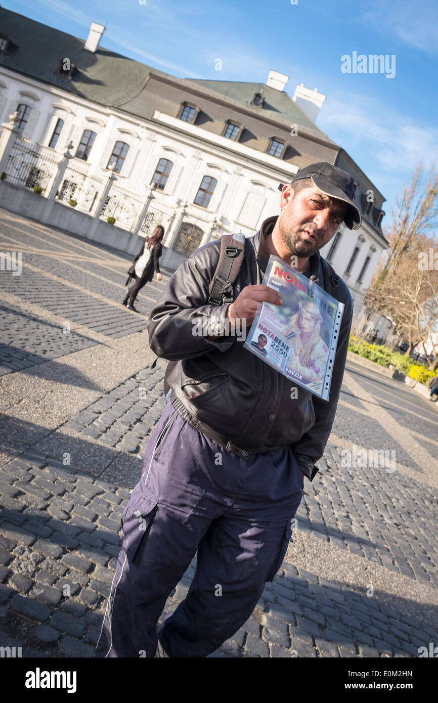 Homelles man selling Nota Bene (Big Issue in Slovakia) on Hodzovo namestie, Bratislava Stock Photo