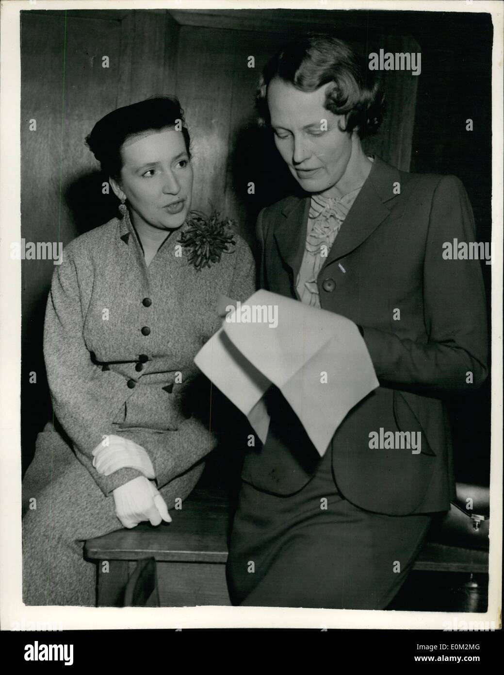 Apr. 04, 1953 - The first Conference of the B.B.C. Commentators who will take part in the Coronation broadcasts, was held this evening at Broadcasting House. Photo Shows Jean Metcalfe ( left ), and Audrey Russell, seen during the Conference. Stock Photo