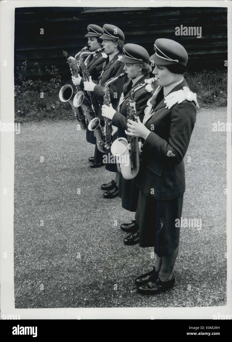 May 11, 1953 - WRAF Band Prepare for Royal Tournament: Members of teh WRAF band are practising at the Uxbridge headquarters, for the Royal Tournament. Photo shows WRAF saxophonists seen at practise at Uxbridge. (L to R): LACW, V. Evans, Saow, E. Harris, SAow, S. Moulson, and Laow, J. Marples. Stock Photo