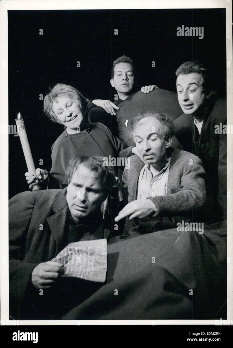 May 11, 1953 - Pictured are: Wilhelm Borchert as ''K.'' Else Ehser as Mizzi. Friedrich Maurer as the church leader. Paul Edwin Roth as Jeremias. Harry Wuestenhagen as Arthur. They were the primary actors in the play based on the Franz Kafka's novel ''Das Schloss. Stock Photo
