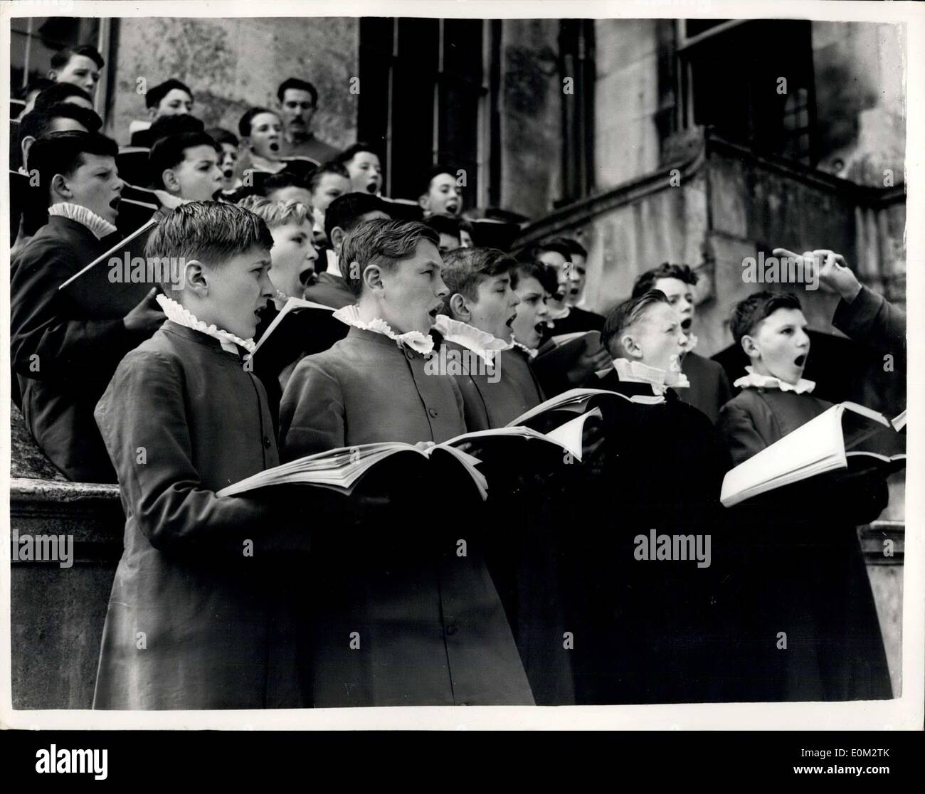 May 14, 1953 - Choirboys rehearse for Coronation: Thirty-two boys are rehearsing the music for the coronation, at Addington Palace, Groydon. Twenty of the boys have been chosen by the Royal School of Music from amongst its 3000 member choirs all over the country, and the other twelve are choristers from six cathedrals. Thia is the first coronation, it is believed, at which boys from parish church and school choirs have been chosen to sing. Photo shows The scene as the boys rehearse at Addington Palace today. Stock Photo