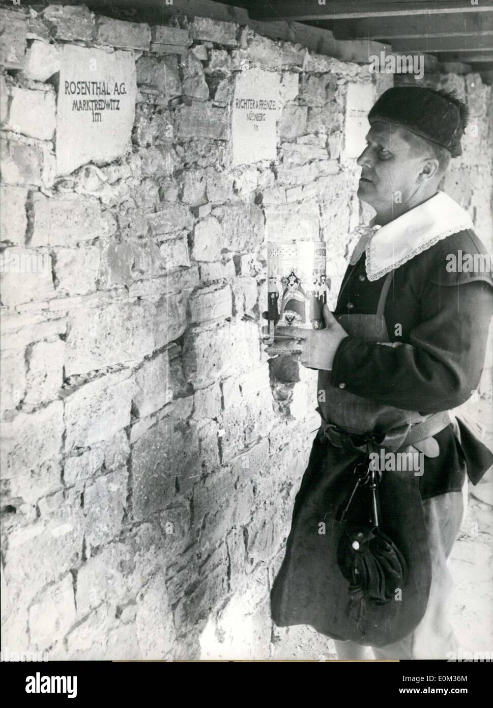 Apr. 23, 1953 - The names of donors that helped fund the reconstruction of the Rothenburg city wall are etched in places along the wall. 750 meters of the wall were destroyed during the Brandenburg bombings during the war. They paid 59DM to get their name on the wall. Stock Photo