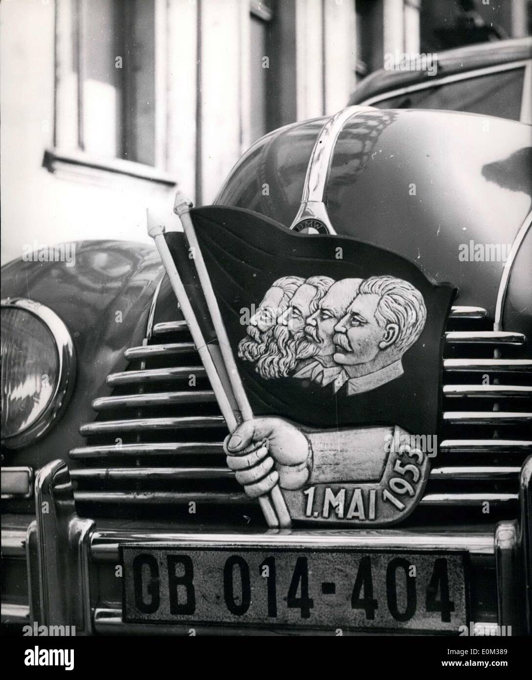 Apr. 29, 1953 - Nearly every car in East Germany was decorated with these badges, or plaques, adorned with the heads of the ''fathers of socialism'': Stalin, Lenin, Marx, and Engels. Stock Photo