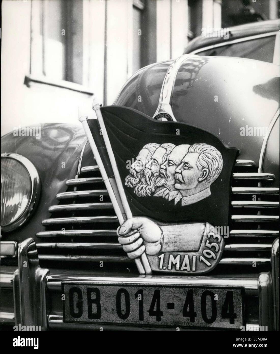 Apr. 29, 1953 - Nearly all East-Berliners have placed this badge on their cars. The heads of the ''Fathers of Socialism'': Stalin, Lenin, Marx, and Engels are visible on the plaque. Stock Photo