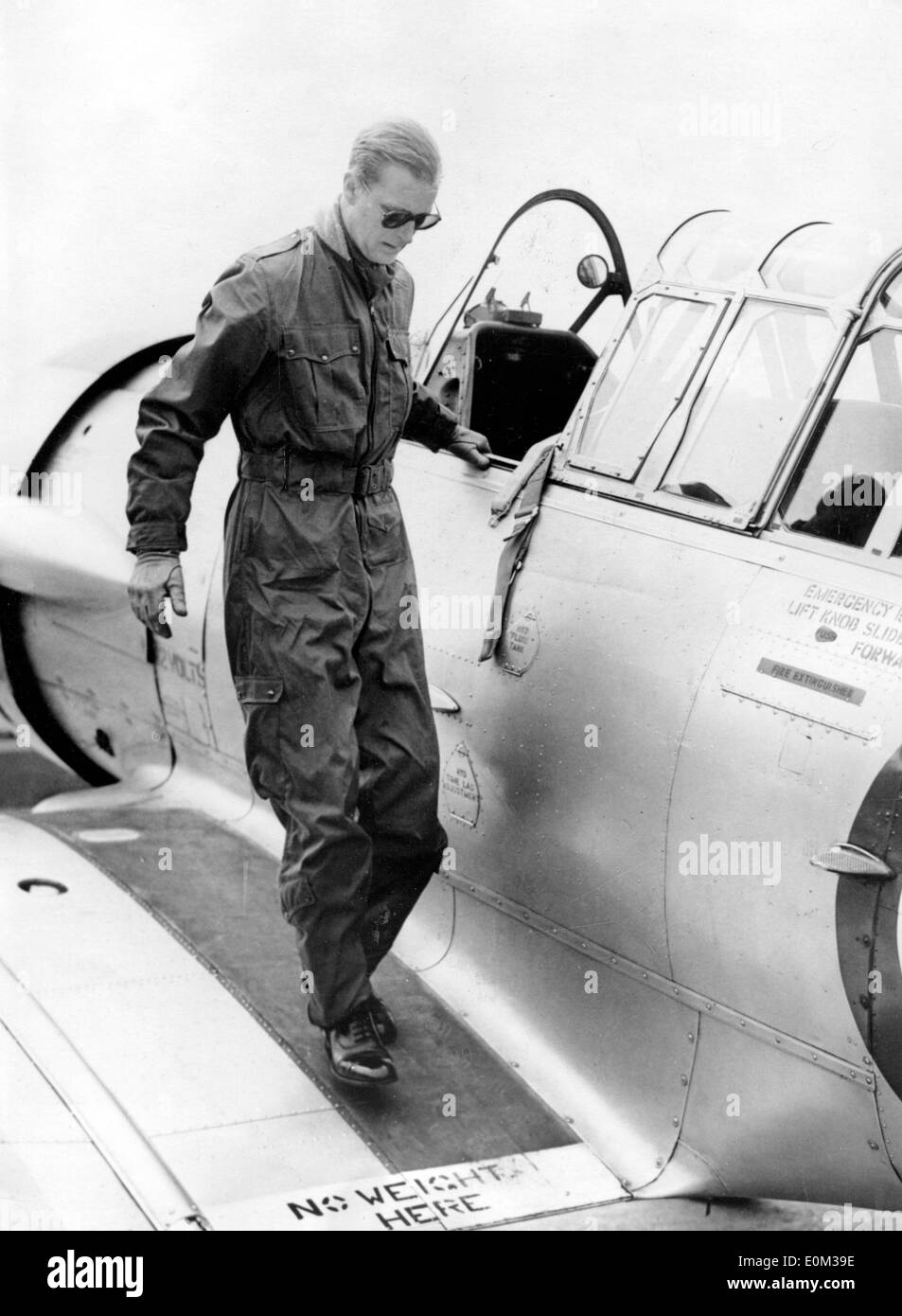 Prince Philip returns from a flight Stock Photo