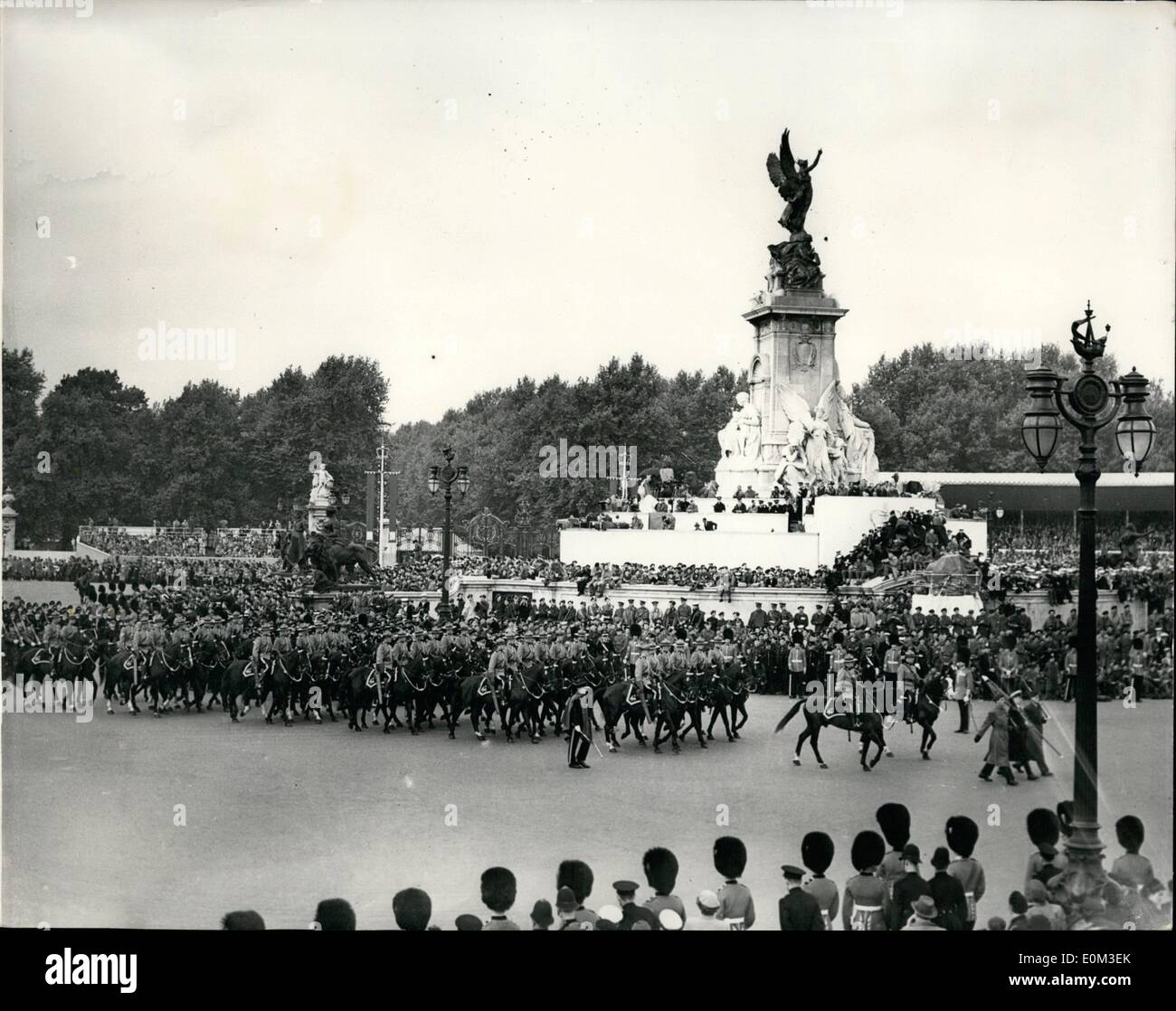 Jun. 06, 1953 - Coronation of Queen Elizabeth II. Royal Canadian Mounted Police in the procession passing Queen Victoria Memorial. Stock Photo