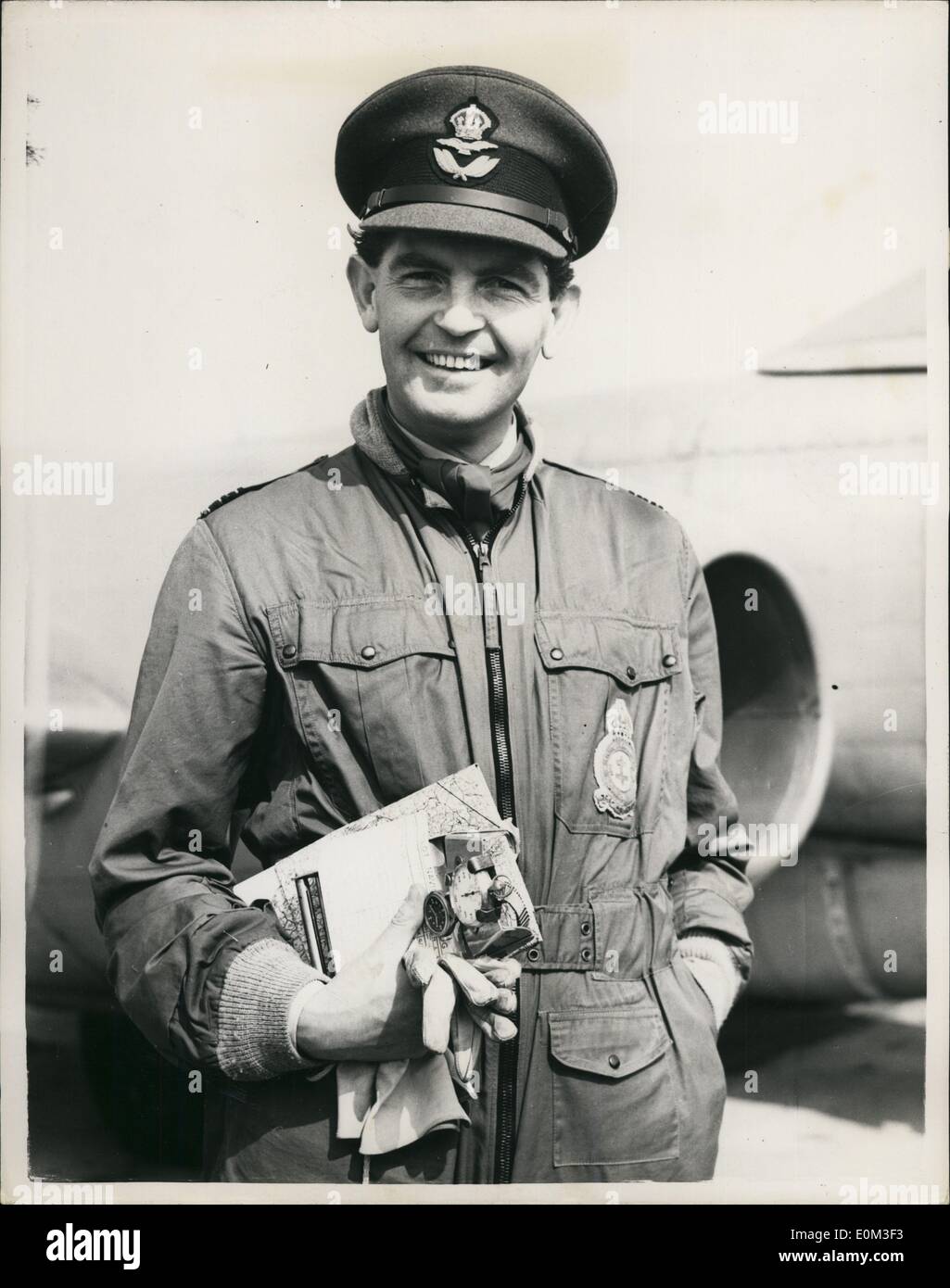 May 05, 1953 - R.A.F. Rehearse Their Coronation Day Fly Past Commander Wallace - The Leader: Affirmation of 168 Jet Fighter aircraft - were to be seen today rehearsing their Coronation Day Fly Past from Biggin Hill, Kent. Photo shows Wing Commander James Wallec D.S.O., D.F.C., who is to lead Squadron during the fly Past - poses for the cameras - at Biggin Hill today. Stock Photo