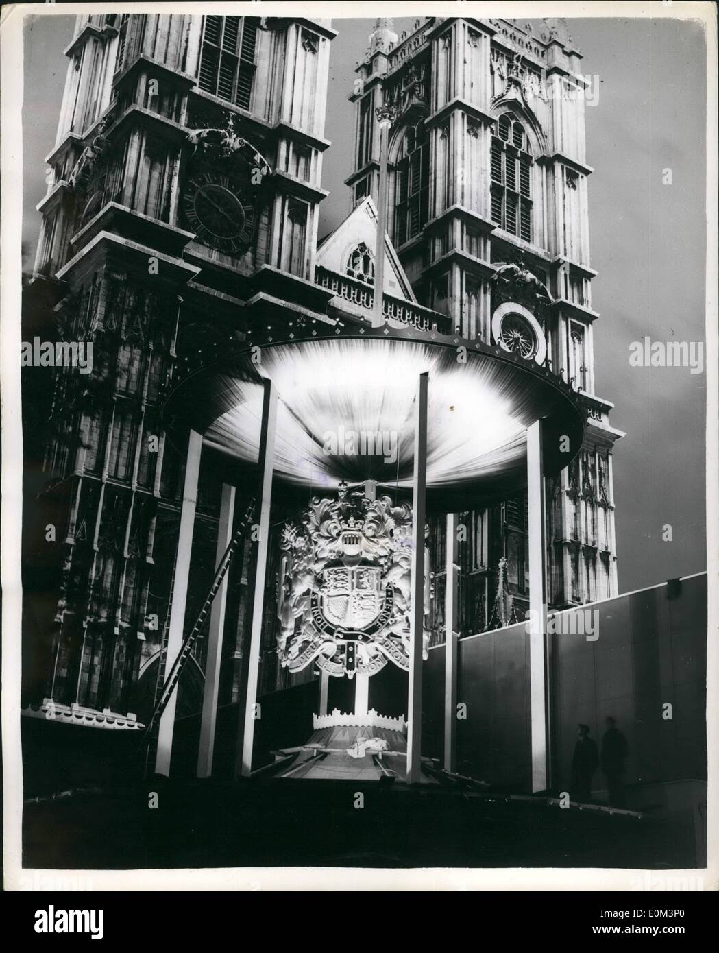 May 05, 1953 - Royal Coat of Arms at the Abbey Annexe is Floodlit.: With the covers off, the royal coat of arms outside the annoxe to Westminster Abbey, revealed its true glory when it was floodlit last night. Stock Photo