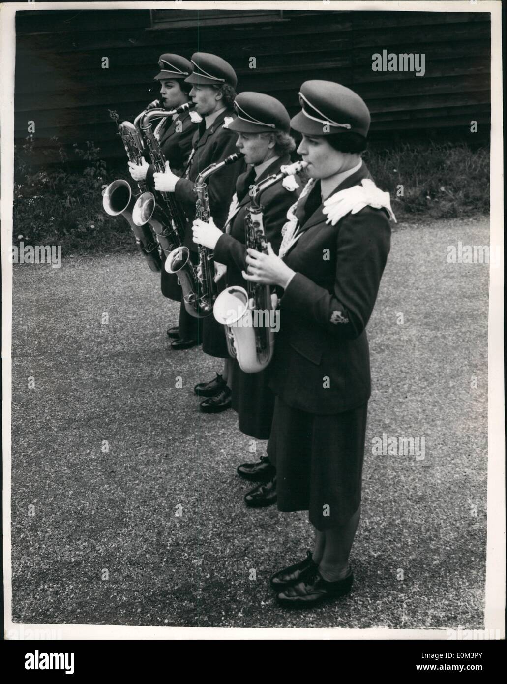 May 05, 1953 - WRAF Band Prepares For Royal Tournament: Members of the WRAF band are practicing at the Uxbridge headquarters, for the Royal Tournament. Photo Shows: WRAF saxophonists seen at practice at Uxbridge. (L to R): Lacw, V. Evans, Eaw, E. Harris, Sacw, S. Moulson, and Lacw, J. Marples. Stock Photo