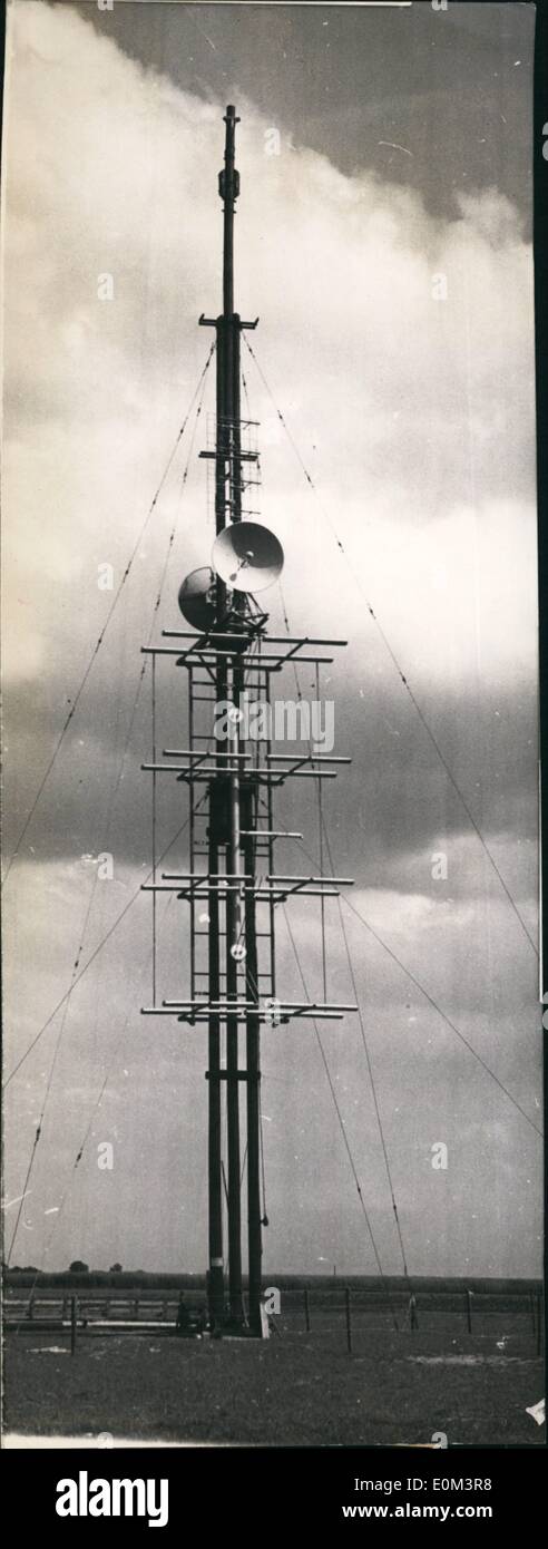 May 05, 1953 - A relay station was set up near the Dutch German border at Hinsbeck in cooperation of the North West German Broadcasting Corporation and the Federal Post for the television transmission of the coronation of Queen Elizabeth to Germany. This relay station will close the gap between the British and the German television system. French, Belgian and Dutch transmitting stations will transfer the coronation to the concave mirror of the 40-meters high Relay-station and will be transmitted from there to the North West German system. Stock Photo