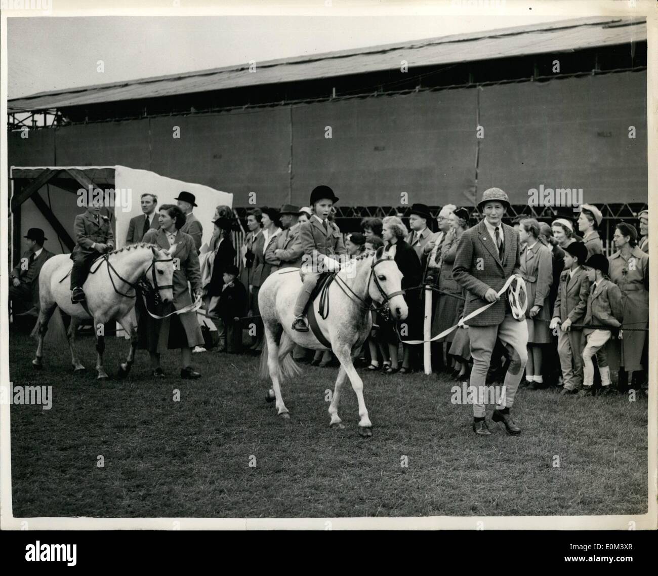 Jun. 06, 1953 - Richard Royal Horse Show Leading Rein Class 15: Photo shows. Miss Seeina Horman riding Glen Mist leads Master David Wilson (aged 6) riding Gotton Tail-during the Leading Rein Class at the Richmond Royal Horse Show. Stock Photo