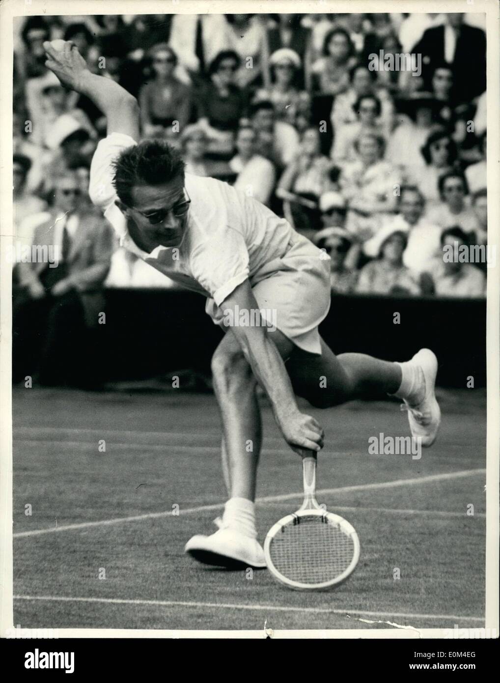 Jun. 25, 1953 - 25-6-53 Drobny v Patty - Tennis at Wimbledon. Keystone Photo Shows: J. Drobny (Egypt), seen in action during his match against Budge Patty (U.S.A.) at Wimbledon today. Stock Photo