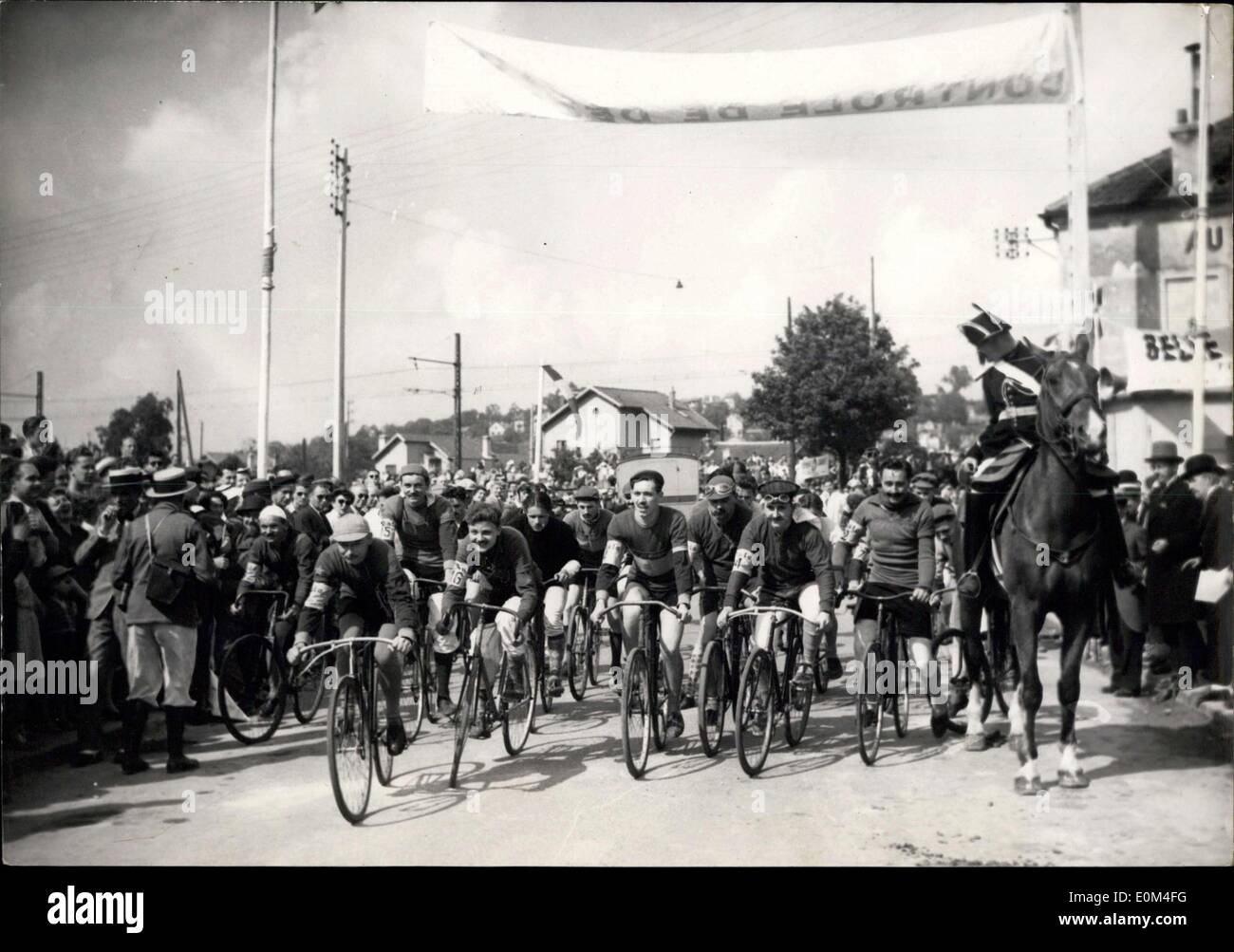 Jun. 28, 1953 - It happened fifty years ago: The start of the first tour De France in June 1903 was enacted at Montgeron yesterday on the spot where the first ''Road Giants'' started on their round through France. Stock Photo