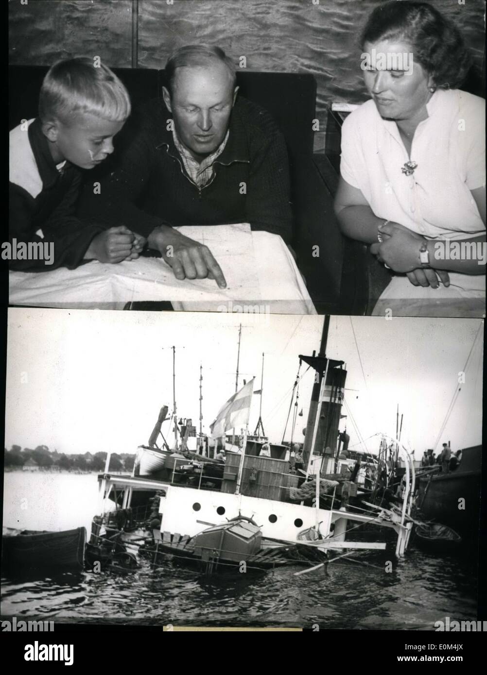 Jul. 07, 1953 - The Finnish ship ''Aino Nurminen'' became the victim of a magnet-mine while traveling from Helsinki to London. Two people were injured. Pictured above is Captain Korhonen(42) with Mrs. Kerttu(31) and son Matti(9). Primo de Rivera Speaks to the Crowd With C Stock Photo