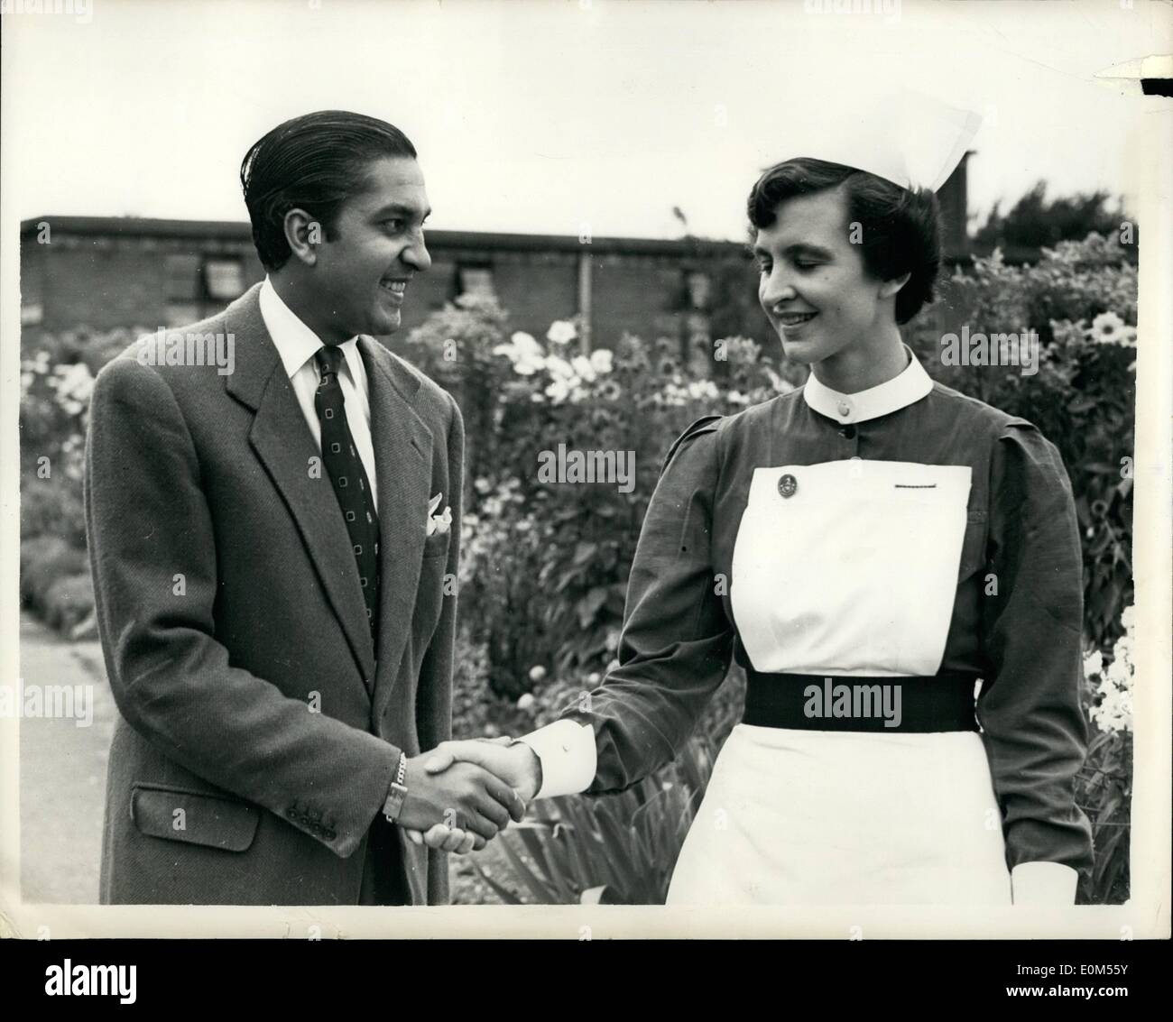 Jul. 07, 1953 - Injured Maharajah Leaves Hospital. The Maharajah of Gooch Behar, 36 years old millionaire ruler of a state in Bengal, left Lister Hospital, Hitchin, Hertforsshire, today. He was involved in a motoring accident near Baldock about a fortnight ago, and sustained fractured ribs and collar bone. Before leaving the hospital the Maharajah visited Miss Vicki Martyn, a 21 year old mannequin of Upper Berkley Street, Mayfair, who was also injured in the crash when the car in which they both were returning from Newmarket overturned after a collision Stock Photo