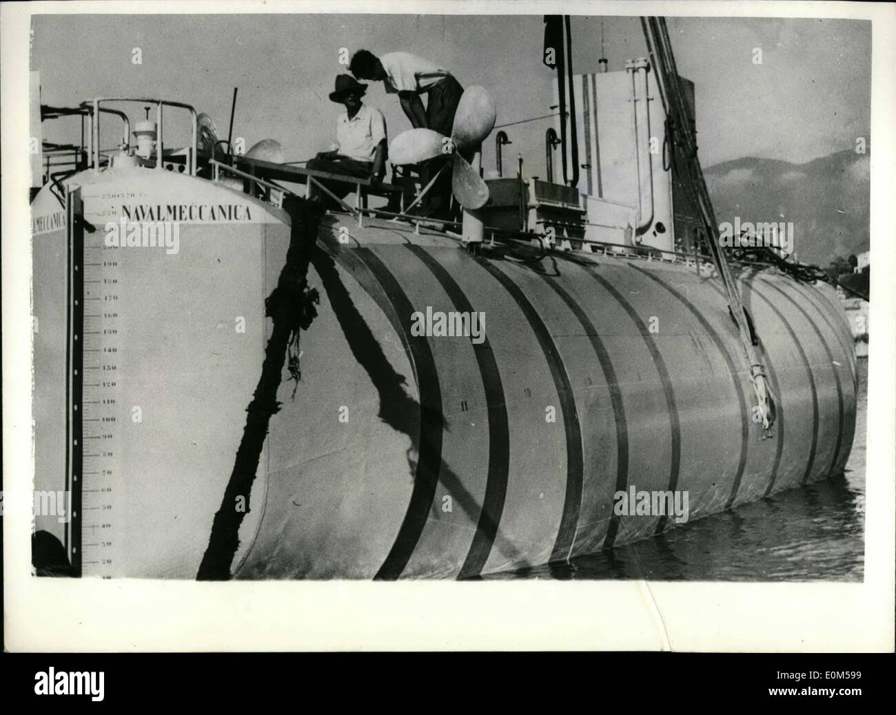 Aug. 08, 1953 - Professor Piccard's ''Bathysphere'' is launched in Italy: Professor Piccard's ''Bathysphere'', the vessel in which he hopes to explore the depths of the Tyrrhenean sea, and set up a record dive of 13,000-ft., was launched at Castellamare di Stabia, Italy. The vessel consists of two main parts - a cigar-shaped structure of watertight co mpartaments which will house the special liquid which will be used for surfacing, and a lower part which is the actual sphere from which observations will be made Stock Photo