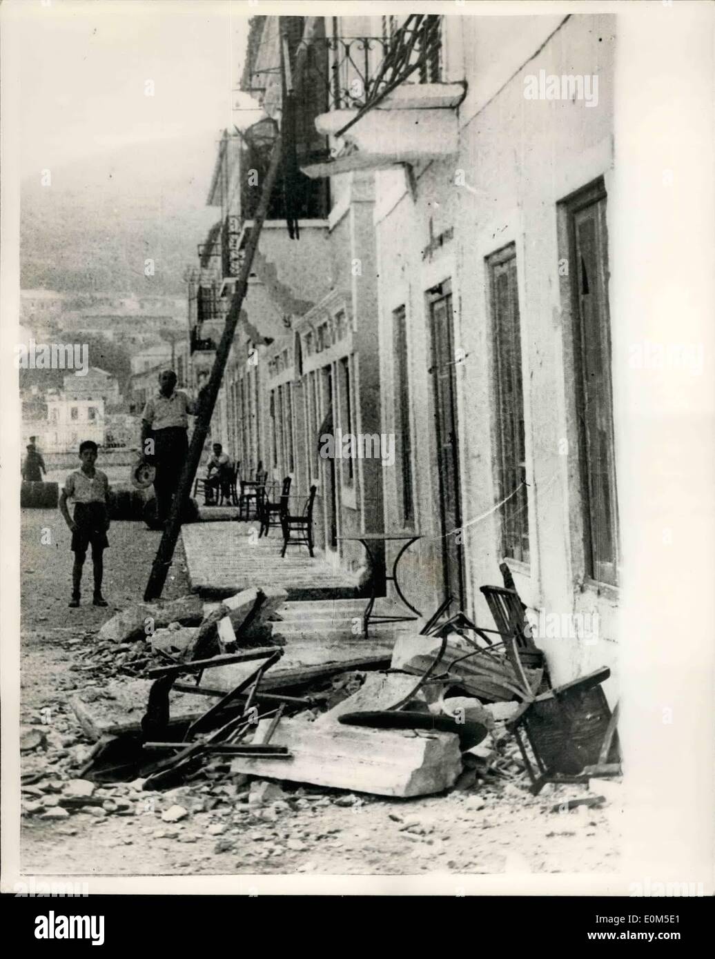 Aug. 12, 1953 - 12.8.53 400 killed in Greek earthquakes. At least 400 people have been killed and hundreds injured in three days of earthquakes in the Greek island of Cephalonia. Yesterday was the worst yet. Towns and villages were wrecked and many thousands made homeless in the neighbouring island of Ithakis. Photo Shows: Fallen masonry lies in front of one of the wrecked homes in the island of Ithakis. Stock Photo