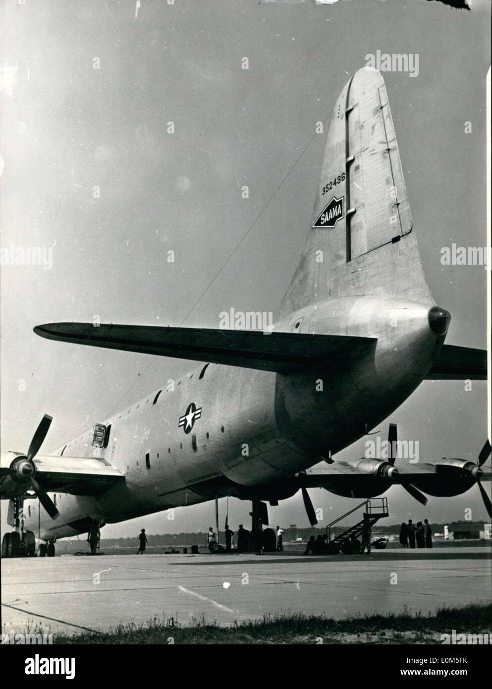 Aug. 15, 1953 - First time in Germany: The Goliath of America. Yesterday the Frankfurt airport welcomed the XC-99, the largest airplane in the world, from Kelly, Texas. The XC-99, with its 25 man crew completed its first 6,170 mile, 31 hour long transatlantic flight. This plane, built in 1948, unites many superlatives together. She can haul, with a non-stop range of 8,000 miles at a speed of 300 miles, 50 tons of cargo, a cargo equivalent to 400 fully-equipped troops in a mission of war.She has a wingspan of 67 meters, is 53 meters long, and her tail-wing juts 17 meters in the air Stock Photo