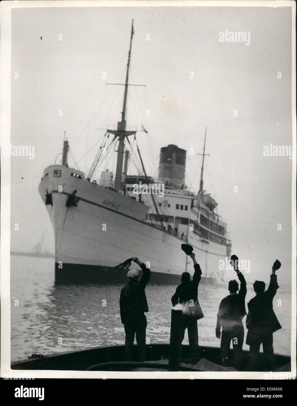 Oct. 10, 1953 - Hats off as the Royal Liner Sails up the River Thames.: The Gothic passes Gravesend, and tugmen cheer her on her way to King George V. Dock yesterday. The 15,902-ton liner left Liverpool on Monday for Jamaica, via Portland and London. The Queen and the Duke of Edinburgh are flying to Jamaica on November 25 on the start of their Commonwealth tour . Four days later they will go on the Gothic, Stock Photo