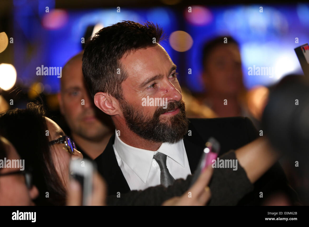 Hugh Jackman taking selfies with fans at the X-Men premiere, Melbourne, May 16, 2014. Stock Photo
