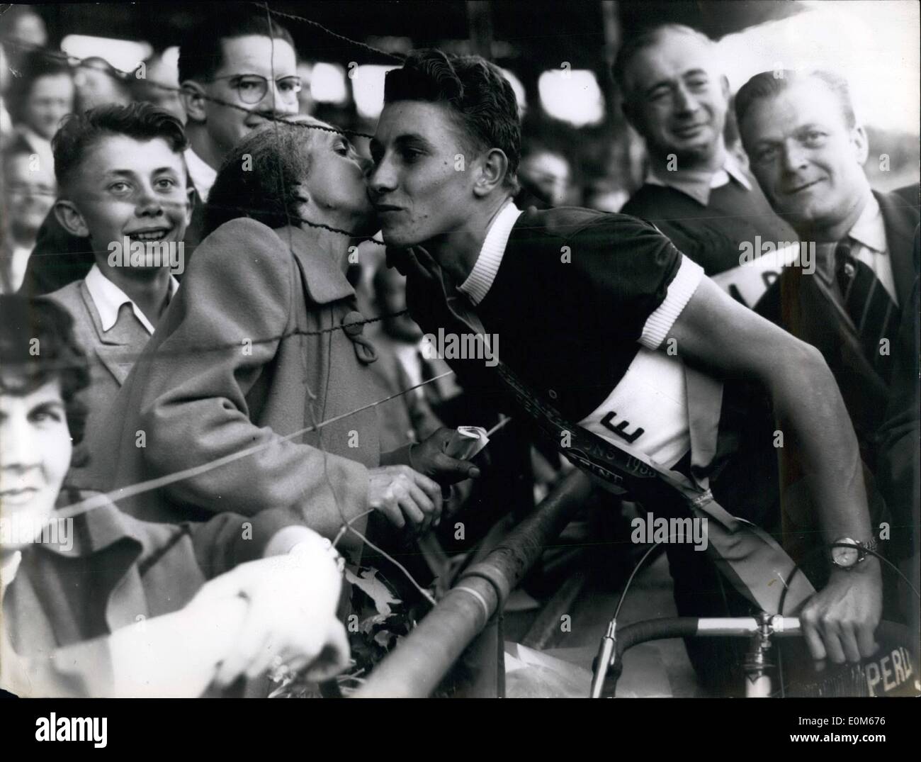 Sep. 09, 1953 - 19 Year Old Cyclist Wins The ''Prix Des Nations'': 19 year old Jacques Anquetil (of Normandy) being kissed by his mother after his victory in the Grand Prix Des Nations (Cycle Race over a distance of 140 kms) in Stock Photo