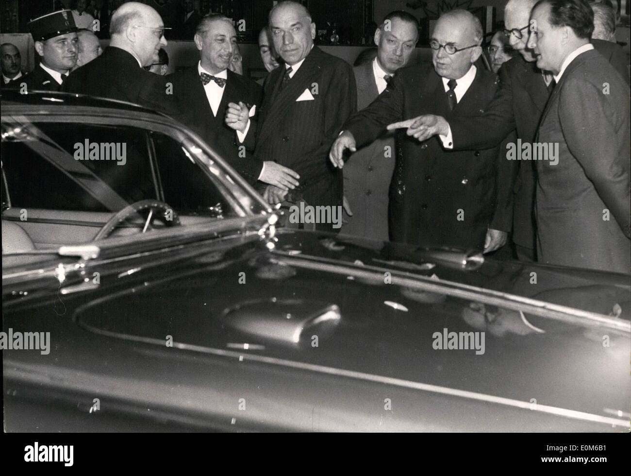 Oct. 10, 1953 - President Auriol Visits Paris Motor Show. President Vincent Auriol escorted by M. Andre Marie, Minister of National Education, and M. Louvel, Minister of Industry, visits the Motor Show which opened at the Grand Palais, Paris, Yesterday. Stock Photo