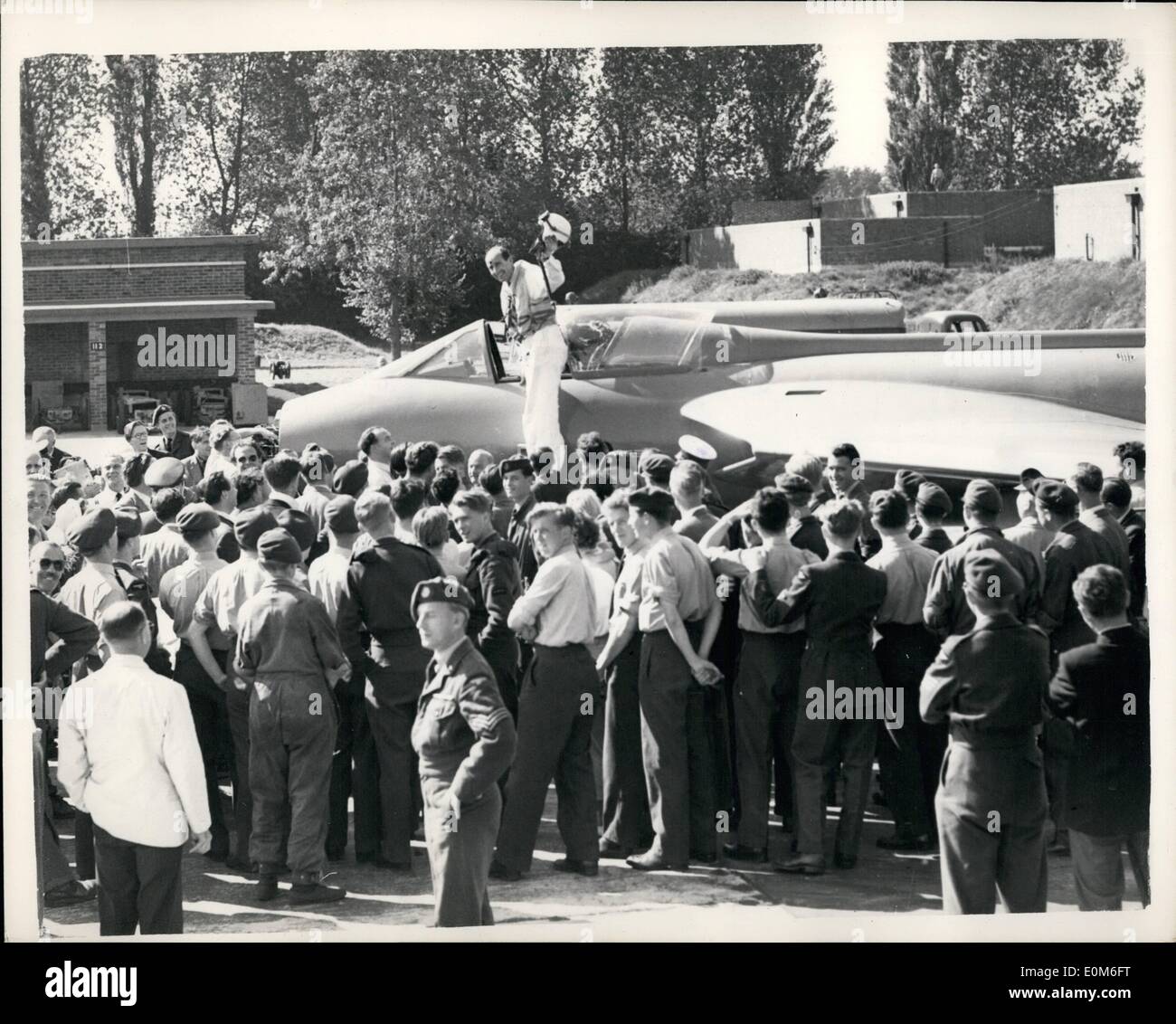 Sep. 09, 1953 - ''725'' M.P.H.'' SAYS NEVILLE DUKE AFTER WORLD'S AIR SPEED RECORD ATTEMPT: Neville Duke made a new attempt on the world air speed this afternoon in his swept -wing Hawker hunter Jet Fighter. He made four runs over the course off the Sussex coast - then did three victory rolls over Tangmere RAF Station. Dukesaid afterwards ''my average speed was about 725 m.p.h., although the official figures may be several miles either side of that'' . A speed of 723 m.p.h. was necessary for a new record. Keystone Photo Shows:- General view at Tangmere R.A.F Stock Photo