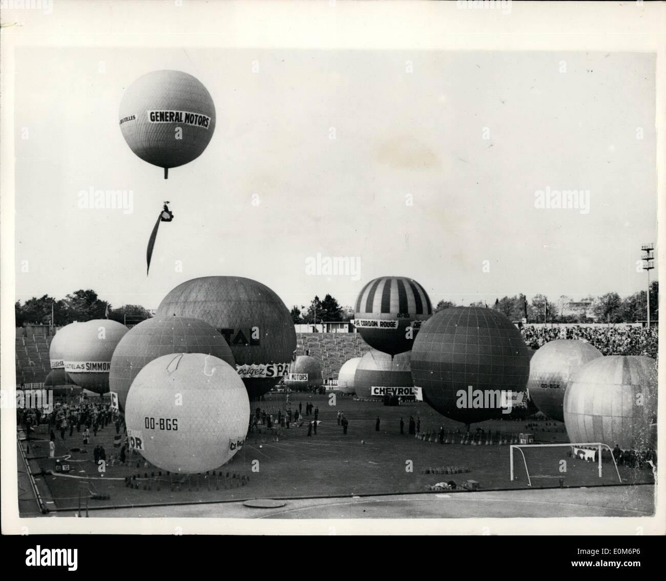 Sep. 09, 1953 - International Balloon meeting in Brussels: Prince Albert of Liege attended the Guard meeting of Free Balloons, at the Heysel Stadium in Brussels. Balloons pictured by French, Dutch, German, Canadian and Belgium pilots, took part in the meeting. Photo shows view of the balloons assembled at the Heysel Stadium in Brussels, showing the first to take off ascending. Stock Photo