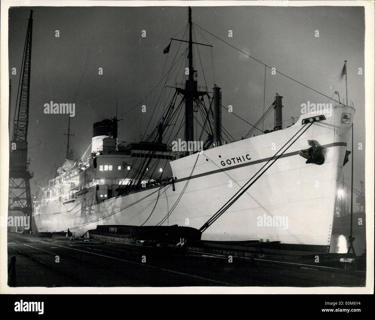 Nov. 10, 1953 - Royal Tour Liner ready for the voyage to Jamaica this evening.: An advance party from the Queen's entourage held a private dinner party on board the liner ''Gothic'', prior to its departure from King George V Dock for Jamaica, this evening. Photo shows the liner ''Gothic'' seen as she lies in King George V Dock before her departure for Jamaica this evening. Stock Photo