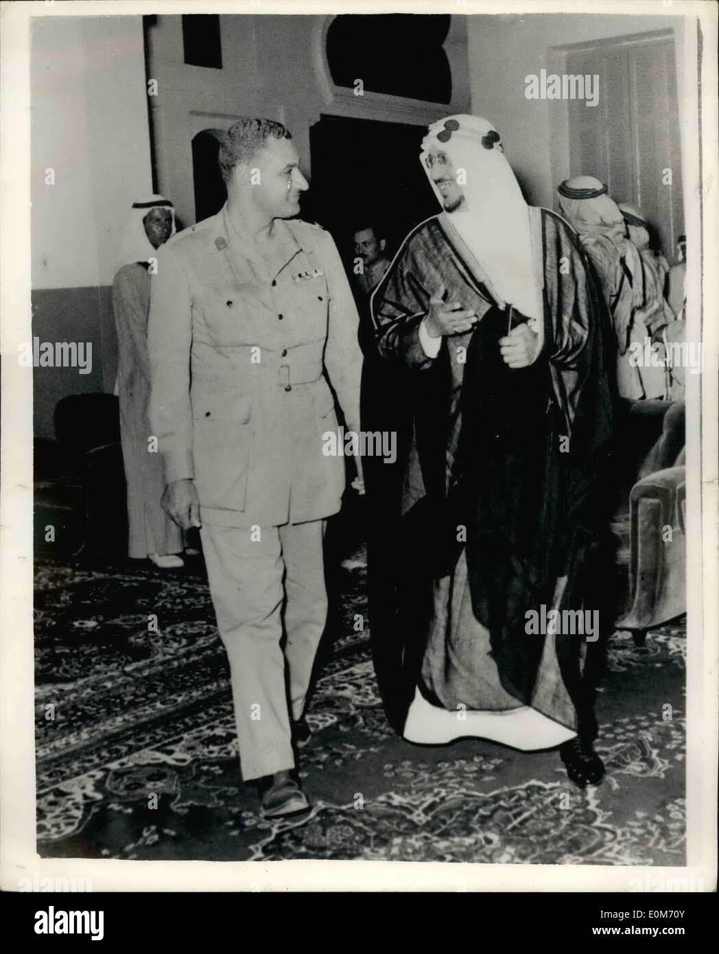 Nov. 11, 1953 - Egypt Offers Condolences to the New King of Saudi Arabia: Lieut. Col. Gamal Abdul Nasser Egypt's Deputy Prime Minister headed a mission to Saudi Arabia recently to offer condolences to King Saud IBN Abudl Aziz the new King of Saudi Arbia on the death of his father King Ibn Saud. The paid a visit to Mecca. Photo shows Lieut. Col. Gamal Abdul Nasser with H.M. King IBN Saud - when he conveyed Egypt's condolence. Stock Photo