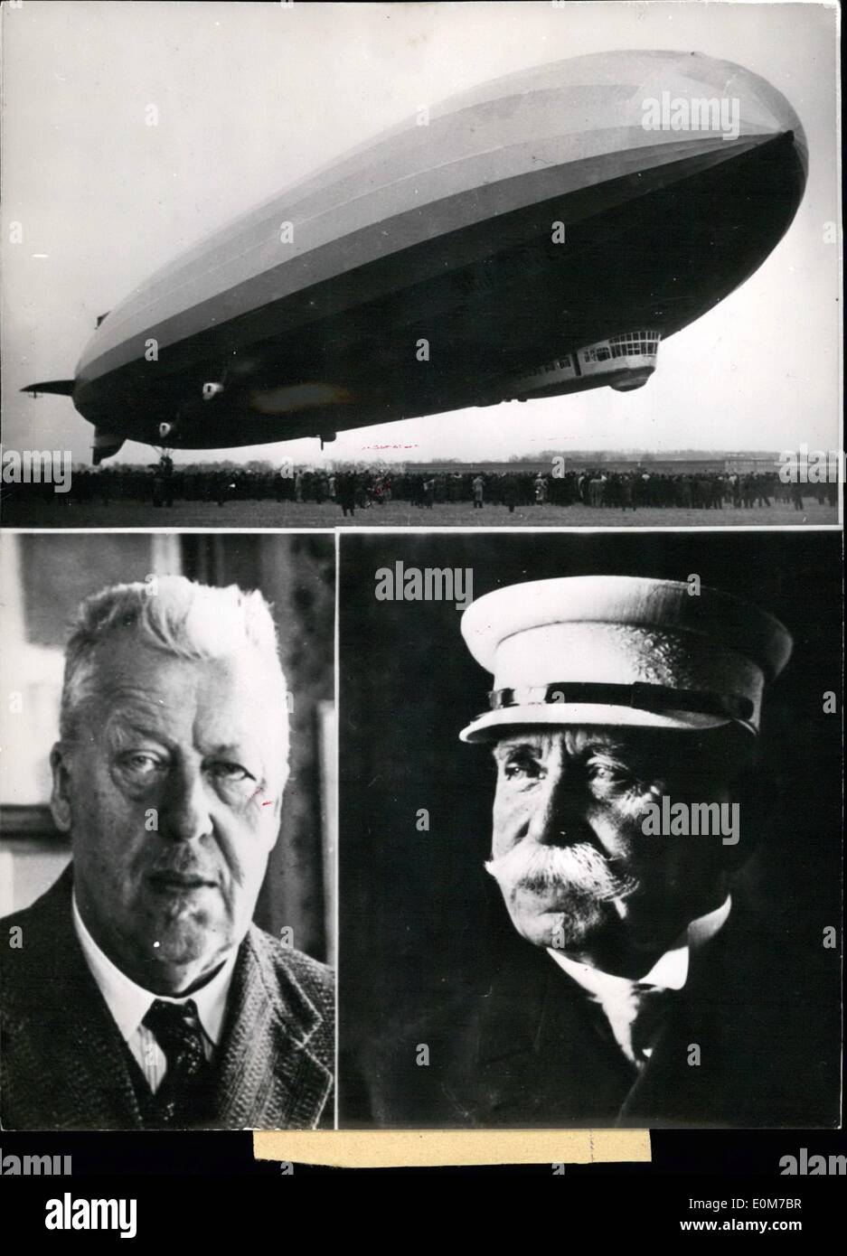Oct. 10, 1953 - 25 jears ago.. Dr Hugo Eckener flew first over Atlantic with his air-ship ''Graf Zeppelin'' from Germany to America. Photo Shows Dr. Eckener, (left), Graf Zeppelin, the father of the idea of the air-ship (right), and air-ship ''Graf Zeppelin' Stock Photo