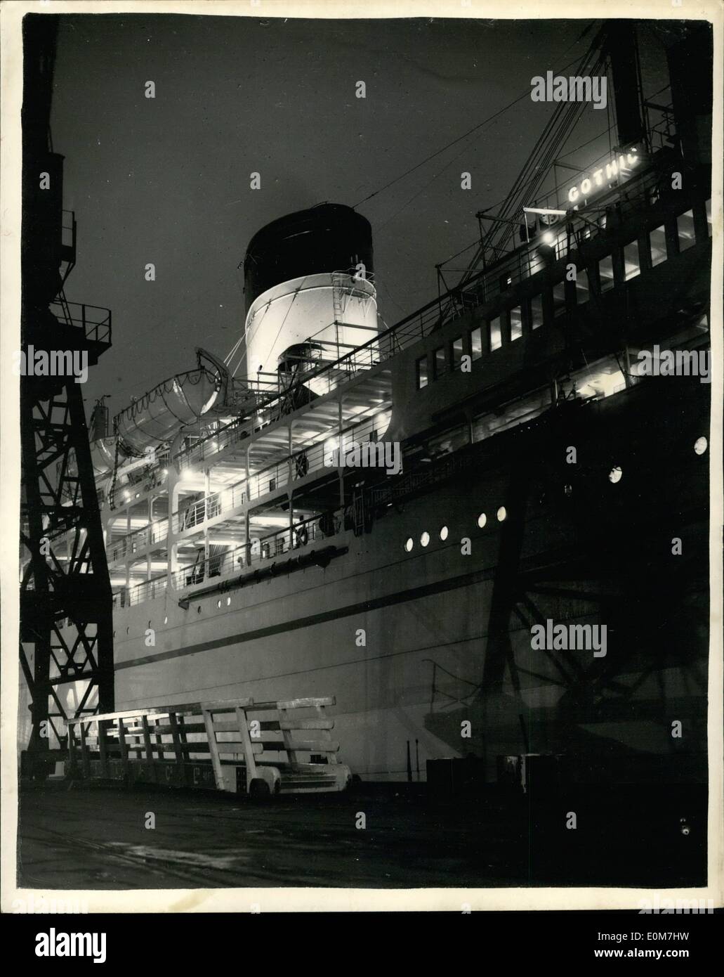 Nov. 11, 1953 - The Royal Liner Leaves.: The liner ''Gothic'', which will carry the Queen and the Duke of Edinburgh on their Commonwealth tour, left this evening for Jamaica. Photo shows the liner ''Gothic'' is lit up as she lies in King George V. Dock, before her departure this evening. Stock Photo