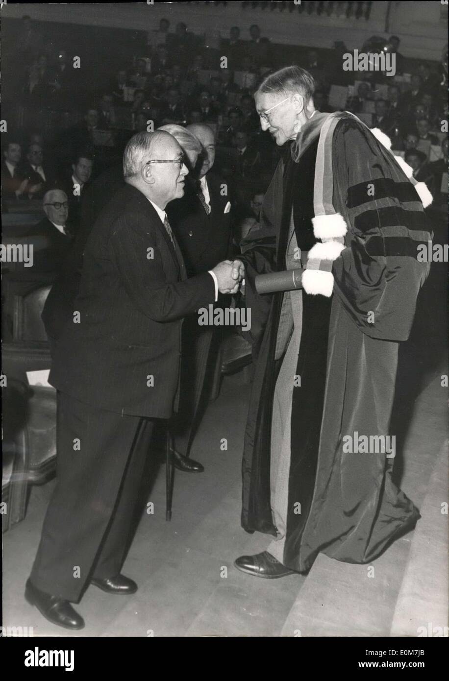 Nov. 14, 1953 - Paris university holds reopening session Herbert Spencer Grasser, Nobel, Prize for physiology, honorary director of the Rockefeller institute, medical research, N.Y.Being congratulated by president Auriol after receiving the Doctor honorees Cause Degree. Stock Photo