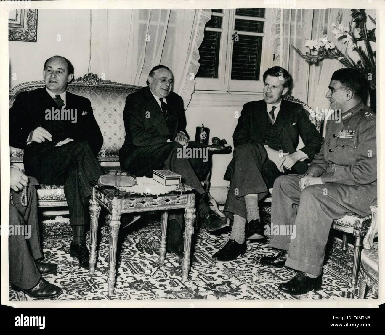 Jan. 01, 1954 - British M. P.'s received B General Neguib.; During a recent visit to Cairo, three members of Parllament (L to R0: Mr. P. Gordon Walker ( Socialist), CDR. D. Marshal (conservative), and Mr. J. Grimond (Liberal), were received by General Neguib (right) Stock Photo