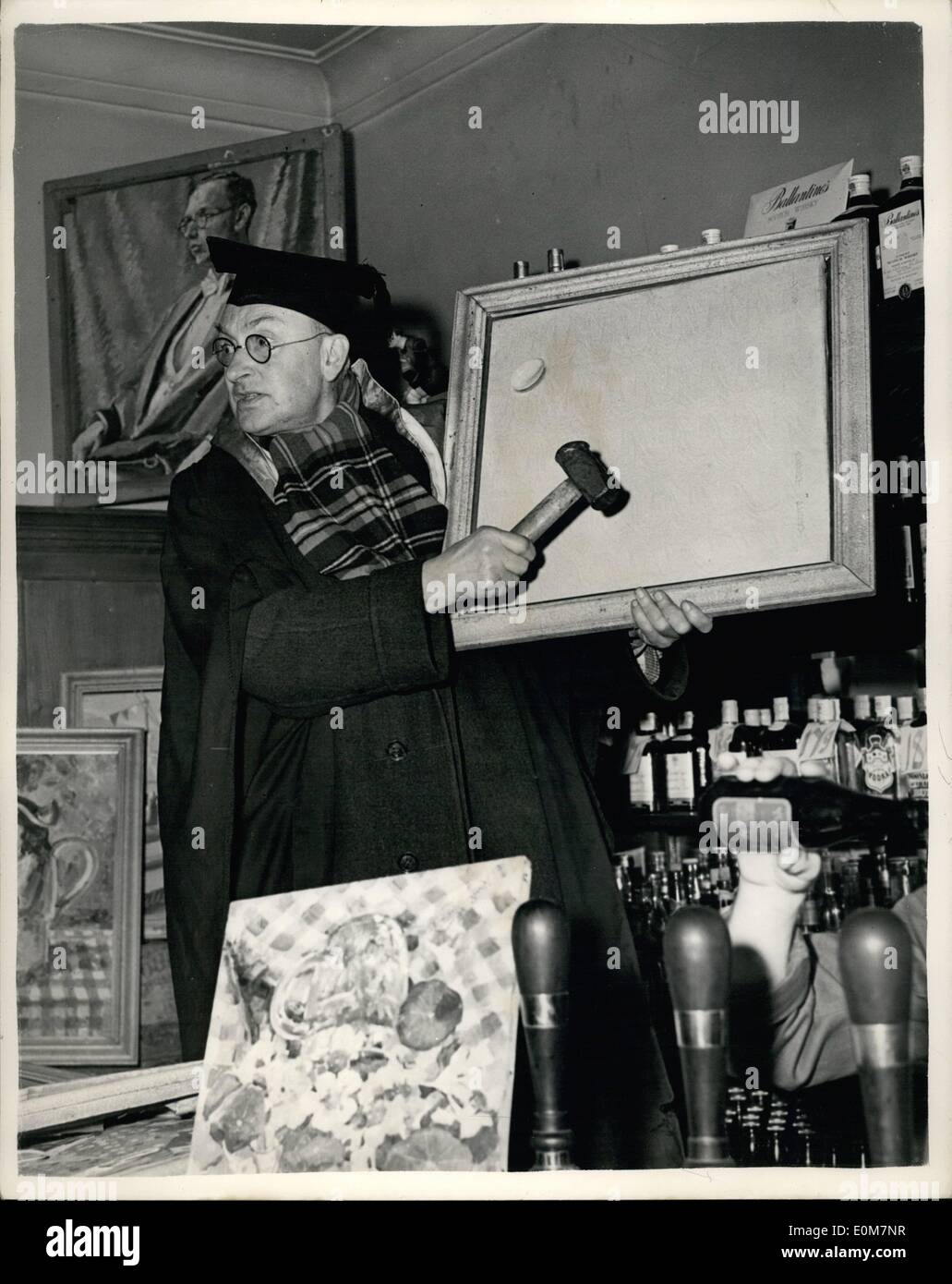 Jan. 01, 1954 - The ''World's Most Rejected Artist'' Holds Auction of His 'Masterpieces' In A London Public House.. Mr. Albert Perry who terms himself as the ''world's most rejected artist'' - held an auction of some of his paintings - at ''The Castle'' Public House, Tooting, London.. Keystone Photo Shows:- Mr. Perry seen auctioning ''Damask'' an egg study, which he says is one of his finest works. Stock Photo