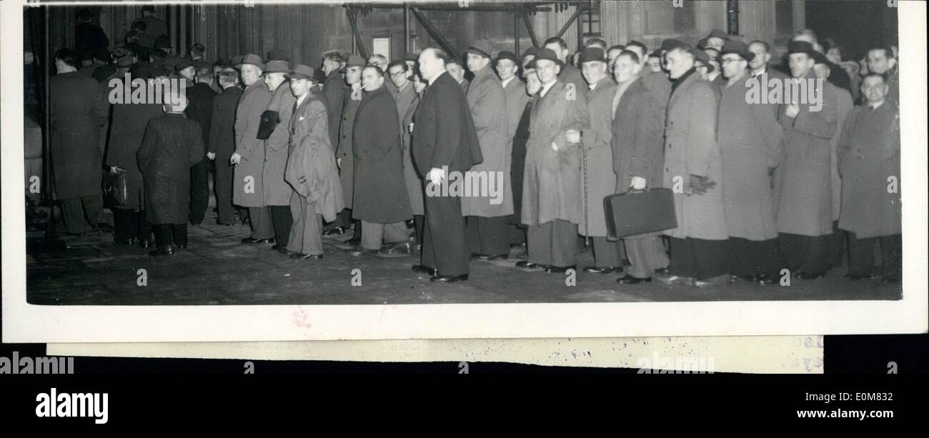 Dec. 12, 1953 - Miners protest at the house: 180 South Wales miners ans union officials went to the houses of commons today to lobby M.P.s. The man went clause 62 of National Insurance act amended. It provides for benefits based on means. Many disabled miners, who sayd their incomes have been reduced as a result, were in the deputation. Photo shows The deputation seen going into the house this afternoon. Stock Photo