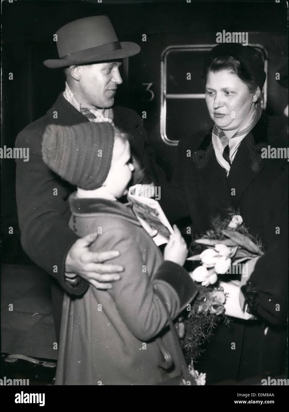 Dec. 12, 1953 - The apprentice of the former general-field-marshal Paulus refused a job in the Russian zone and went back to his home. After 10 years Russian prison-ship the former apprentice of general Paulus, the 40 years old saddler Erwin Schulte, returned home to Guterslohe. He refused to accept a job in the Russian zone which had been offered to him and returned to his family. Schulte had been long time the personal apprentice of Paulus when he lived in a villa in Moscow Stock Photo