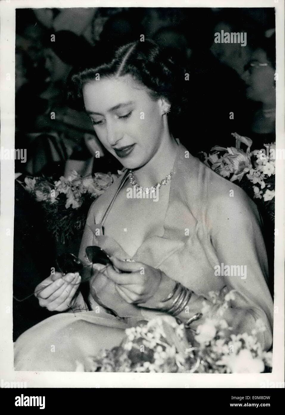 Feb. 02, 1954 - Princess Margaret Sees Her First '3-D' Film. Dons Her Specially Made Glasses: Princess Margaret was the guest of honour last evening at the premiere of the colour-musical film ''Kiss Me Kate'' - at the Empire, Leicester Square.. The Premiere was held in aid of the N.S.P.C.C. for which 3,500 was raised.. The pair of '3-D' spaces.. She accepted them as a souvenir.. Photo Shows: Princess Margaret about to put on the specially made '3-D' glasses at the premiere last evening. Stock Photo