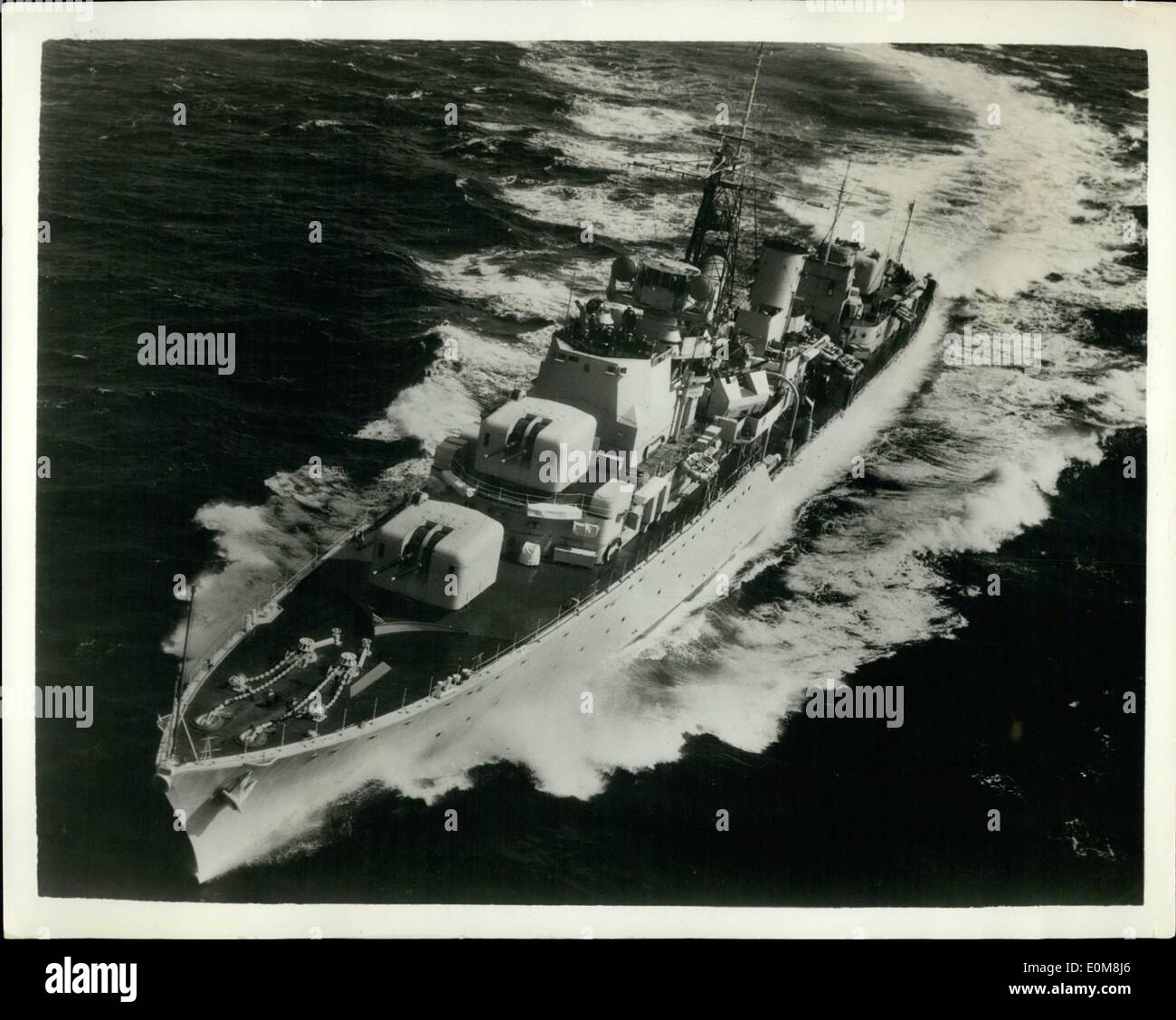 Dec. 12, 1953 - Dashing Daring: H.M.S. Daring, first of eight '' Daring'' class destroyers and the largest in the Royal Navy, has been taking part in maneuvers with the British Mediterrenean Fleet off Malta. Daring has a complement of over 300 men, needed because of the large amount of highly technical equipment she carries. She is of all welded construction, is powered by steam turbines of advanced design and has a displacement of 2,610 long tons (3,500 long tons full load). Her main armament is made up of six 4.5 in. radar-controlled guns. Photo shows H.M Stock Photo
