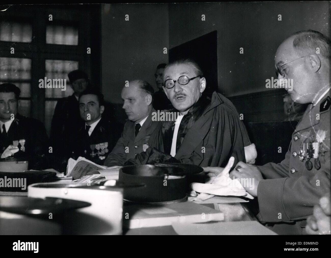 Feb. 02, 1954 - S.S. General Oberg Goes On Trial: Members of the Military Tribunal during the opening of the trial at the Cherche Midi Prison, Paris, today. General Oberg, former chief of the Gestapo in occupied France, is charged with deportations, executives and Torturing of resistant. He was arrested in Germany over 9 year ago Stock Photo