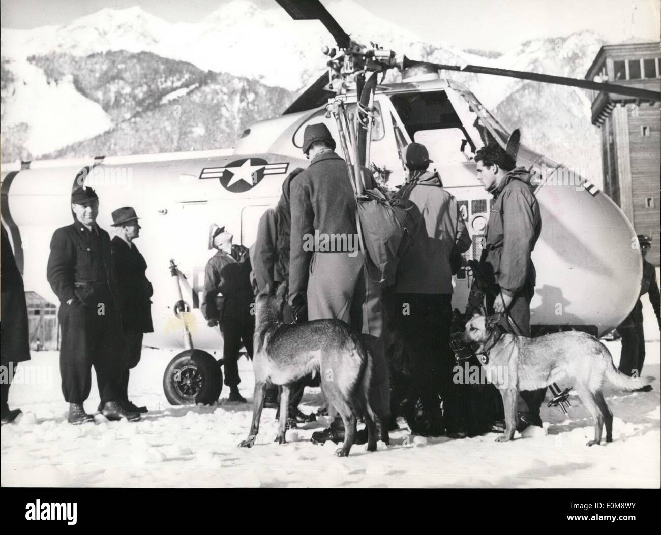 Jan. 01, 1954 - American army- helicopter save avalanches victims.: American army-helicopters from Munich-Furstenfeldbruck started to help saving the victims of the avalanche catastrophe in the great Walser-valley in Austria. In Innsbruck the helicopters took avalanche-dogs and well informed alpinists with them before they flew to the catastrophe districts. Stock Photo