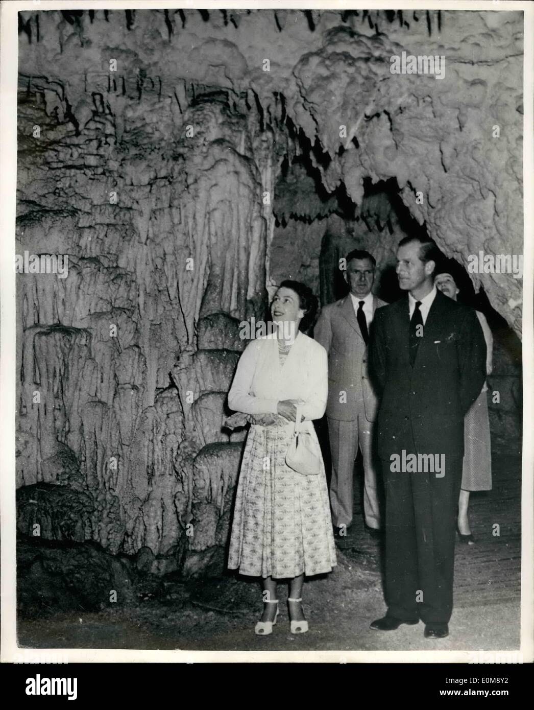 Jan. 01, 1954 - Royal New Zealand tour. Queen and Duke in the glow worm cave. Photo shows The Queen and Duke of Edinburgh seen in the glow - worm cave during their visit to Waitomo during their New Zealand tour. Stock Photo