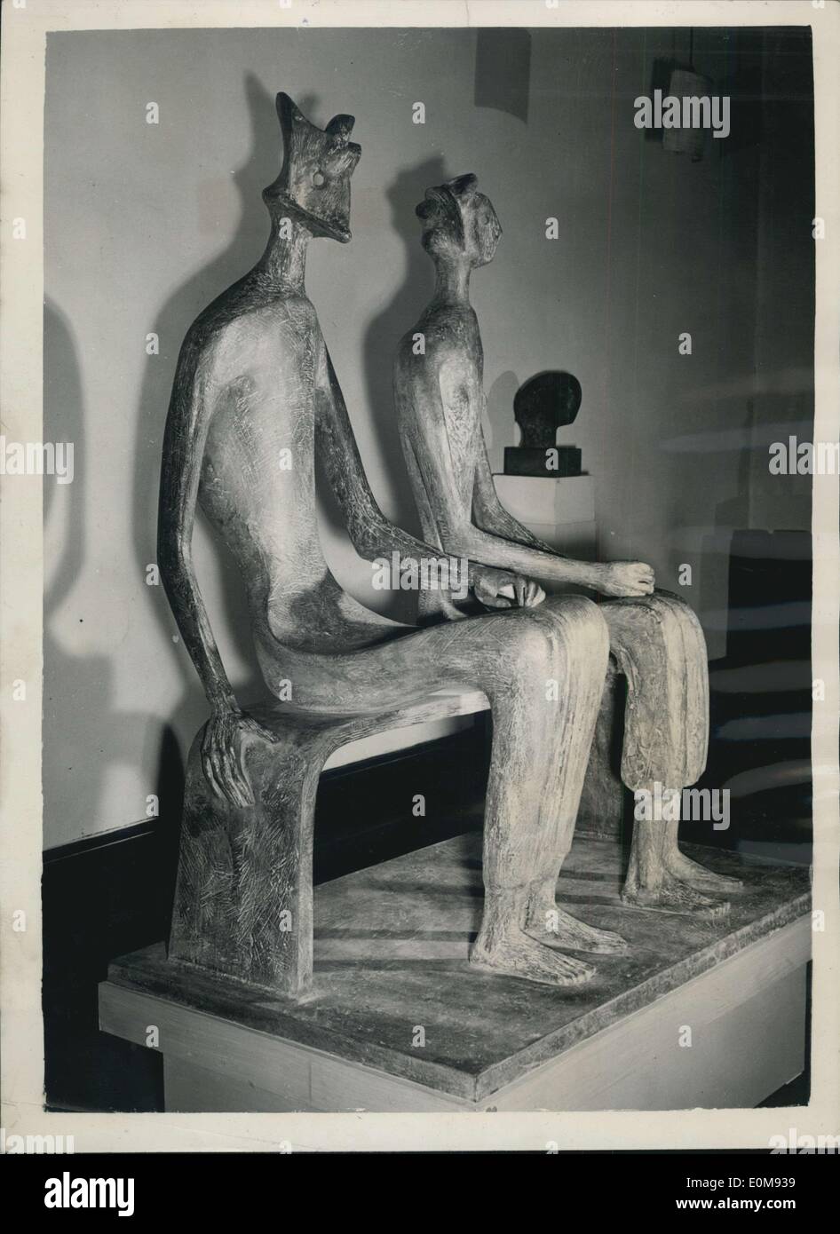 Feb. 12, 1954 - Henry Moore Lolos A 'One Man' Exhibition. 'King and Queen' Modern Art: Photo Shows ''king and Queen'' - is the names given to this place - five feet high and which is suppose to represent a Royal couples watching a procession. It is included in the exhibition of 33 pieces of work-modern art- by Henry Moore at the Leicester Square Galleries. Stock Photo