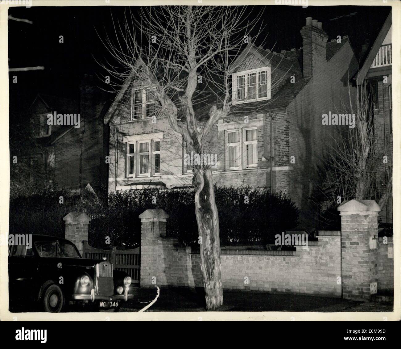 Feb. 17, 1954 - Murder Mystery Man Shoot Himself: Ronald Chesney, wanted for questioning in connection with the murder of his wife and mother-in-law at an Ealing W, old folks' home, shot himself yesterday in a wood near Cologne, Germany. Photo shows View of the old folks' home, No. 22 Montpelier-road, Ealing, W., where Mrs. Chesney and ''Lady'' Menzies were found murdered last week. Stock Photo