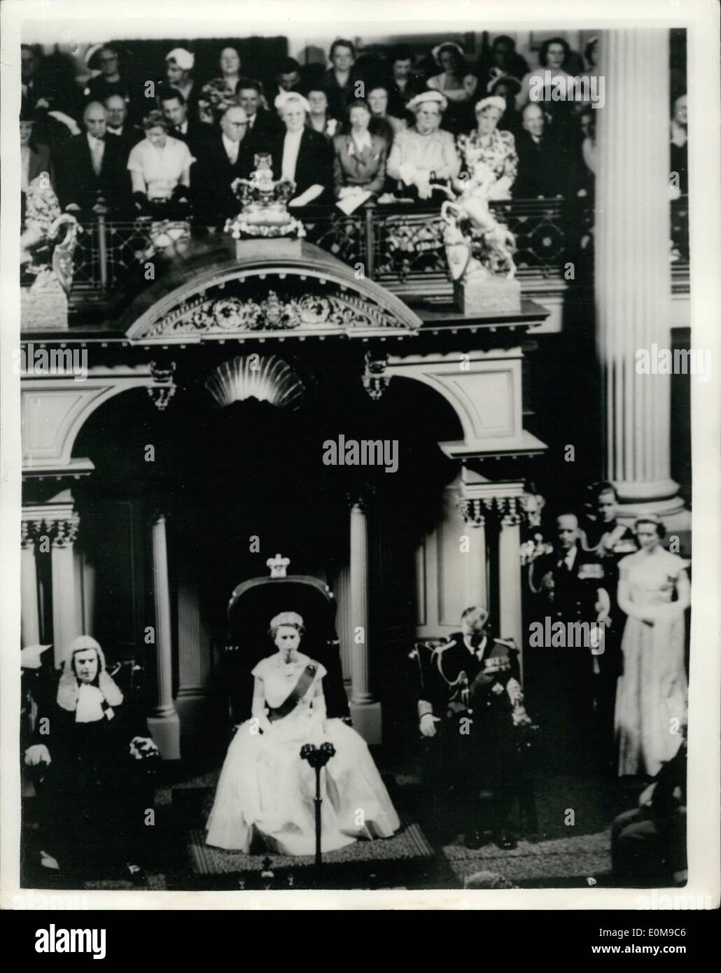 Mar. 03, 1954 - Royal Australian tour Queen opens parliament in Melbourne. photo shows H.M.The queen on the throne with the Duke of Edinburgh on right and on left sir Clifeden Eager president of the legislative council - during the ceremony of opening the parliament - parliament house, Melbourne. Stock Photo